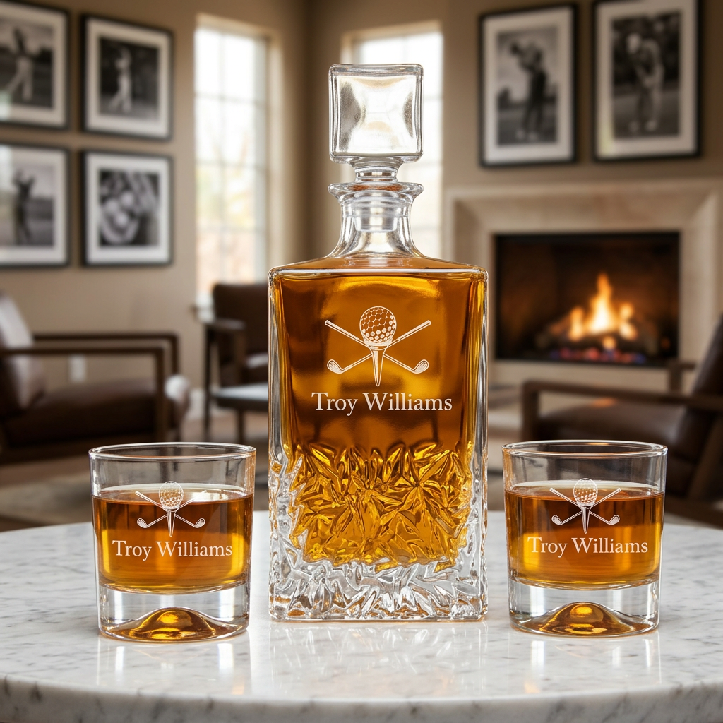 Custom Engraved Golf Clubs and Ball on Tee - Personalized Excalibur Decanter Set with Whiskey Glasses