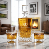 Custom Engraved Golf Clubs Ball Leave Emblem - Personalized Excalibur Decanter Set with Whiskey Glasses