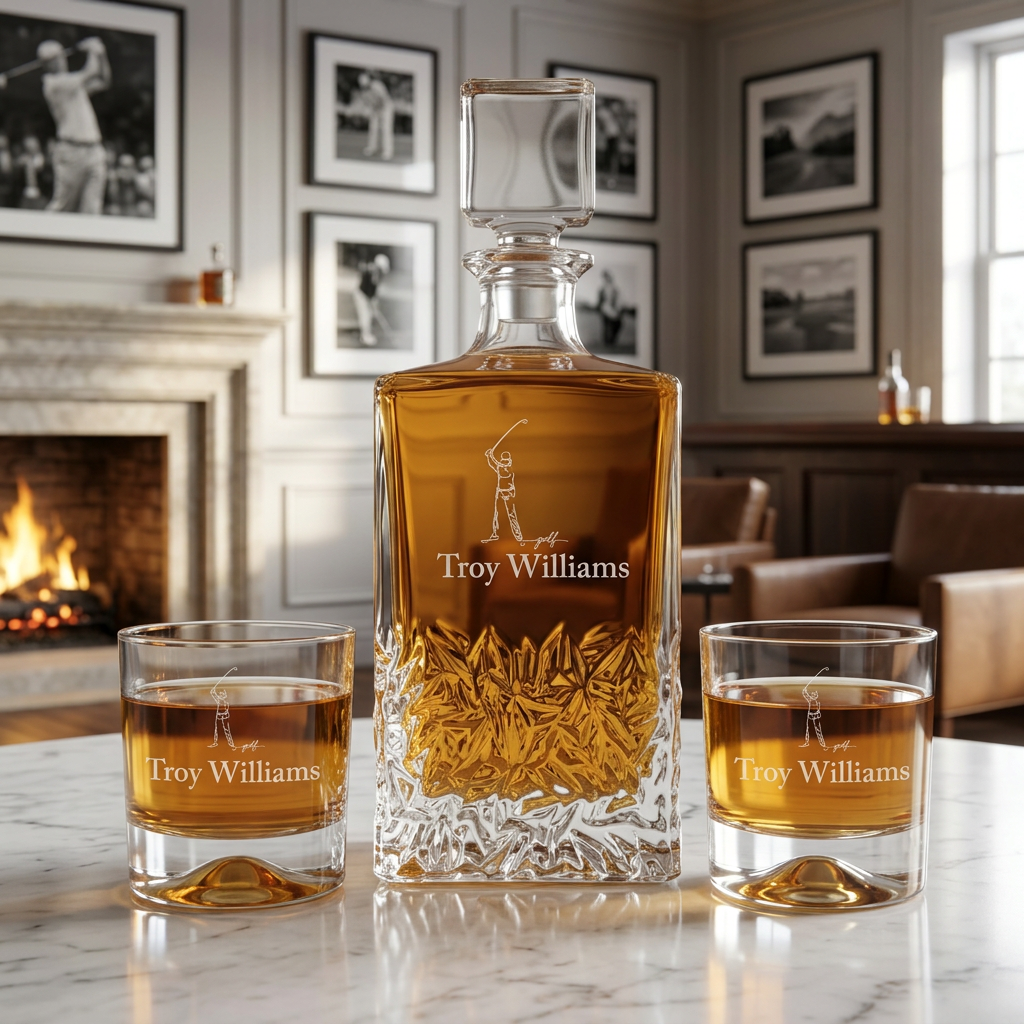 Custom Engraved Golfer Swing Line Drawing - Personalized Excalibur Decanter Set with Whiskey Glasses