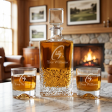Custom Engraved Golfer Logo Swing Design - Personalized Excalibur Decanter Set with Whiskey Glasses