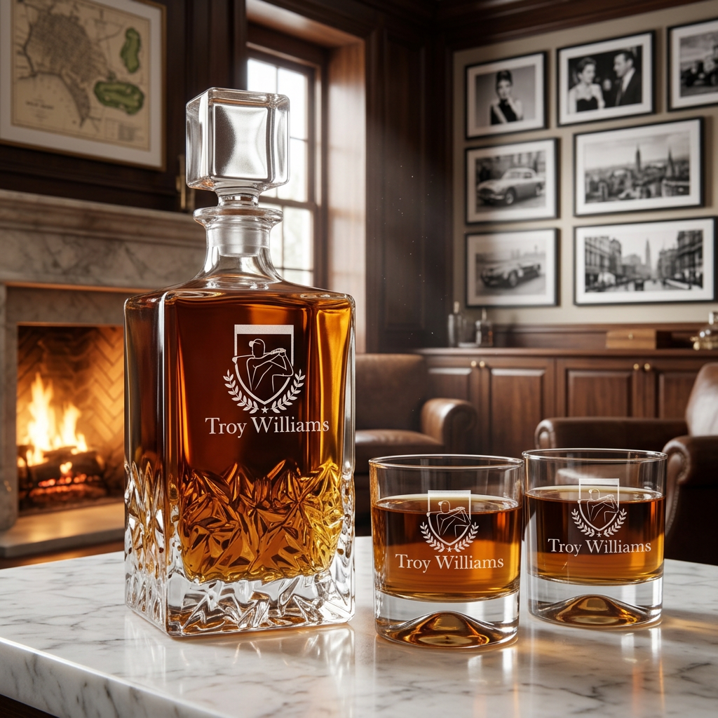 Custom Engraved Golfer Fancy Emblem - Personalized Excalibur Decanter Set with Whiskey Glasses