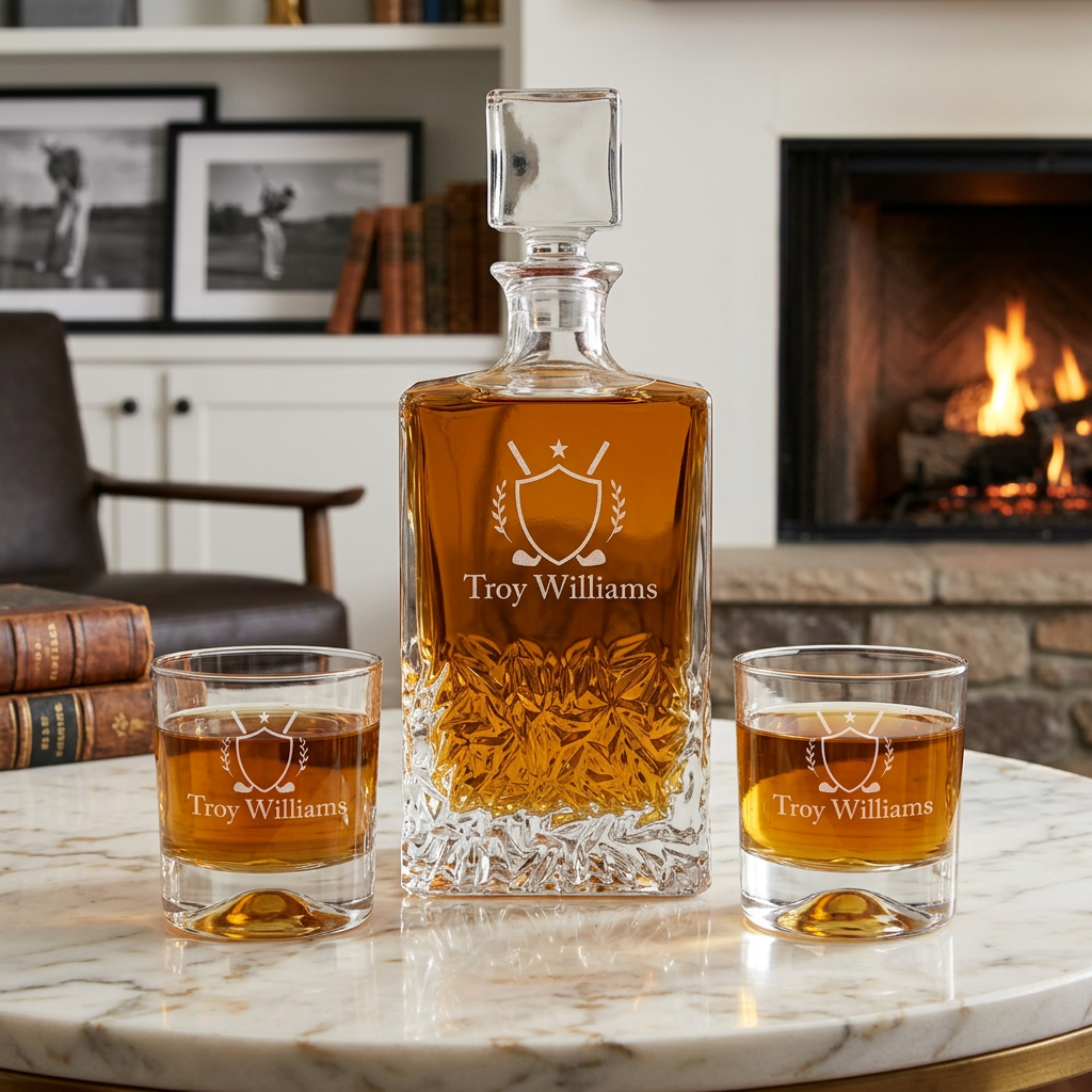 Custom Engraved Golf Emblem With Star - Personalized Excalibur Decanter Set with Whiskey Glasses