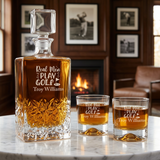 Custom Engraved Real Men Play Golf - Personalized Excalibur Decanter Set with Whiskey Glasses