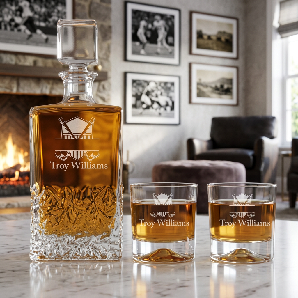 Custom Engraved Golfing Flag Emblem - Personalized Excalibur Decanter Set with Whiskey Glasses
