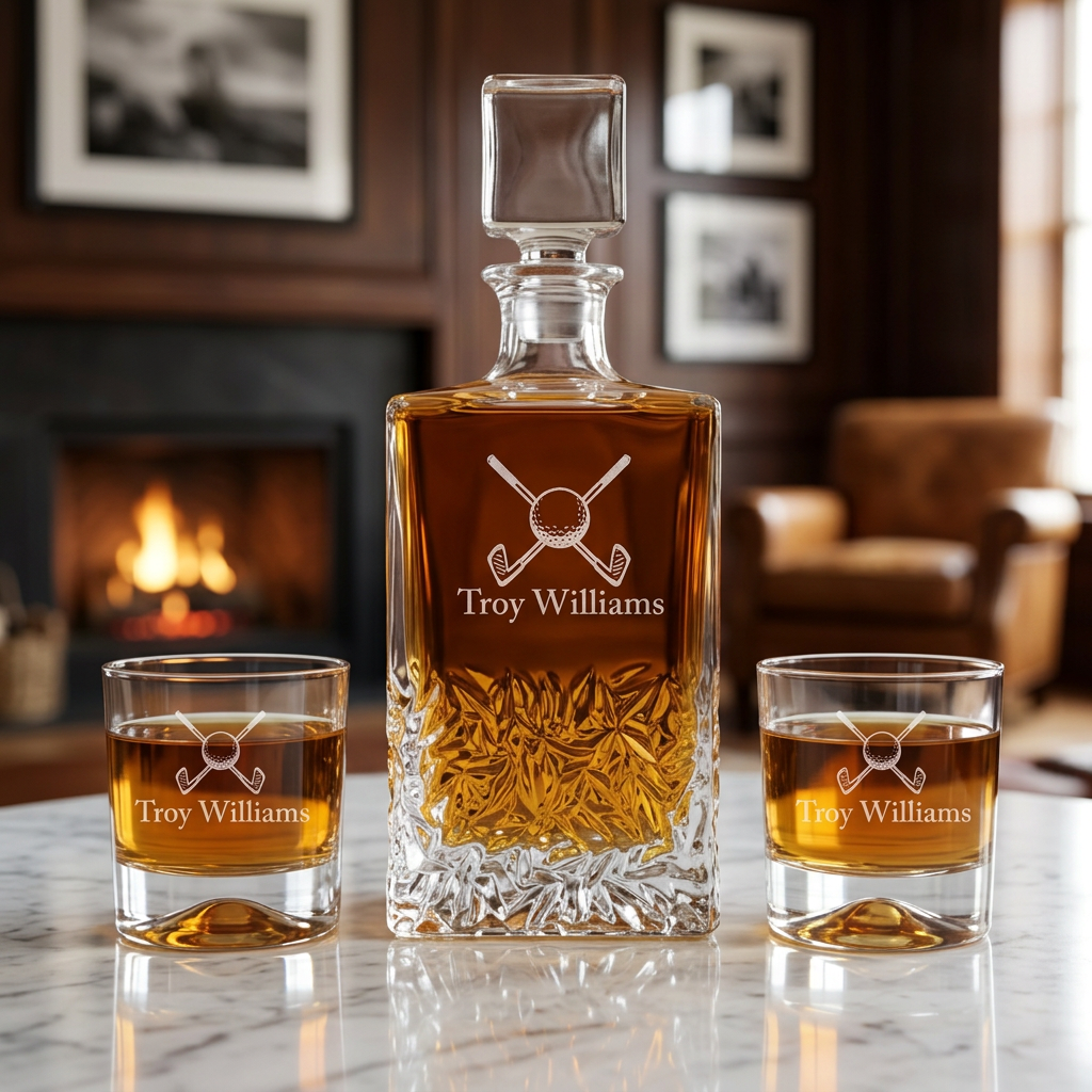 Custom Engraved Golf Clubs Design - Personalized Excalibur Decanter Set with Whiskey Glasses