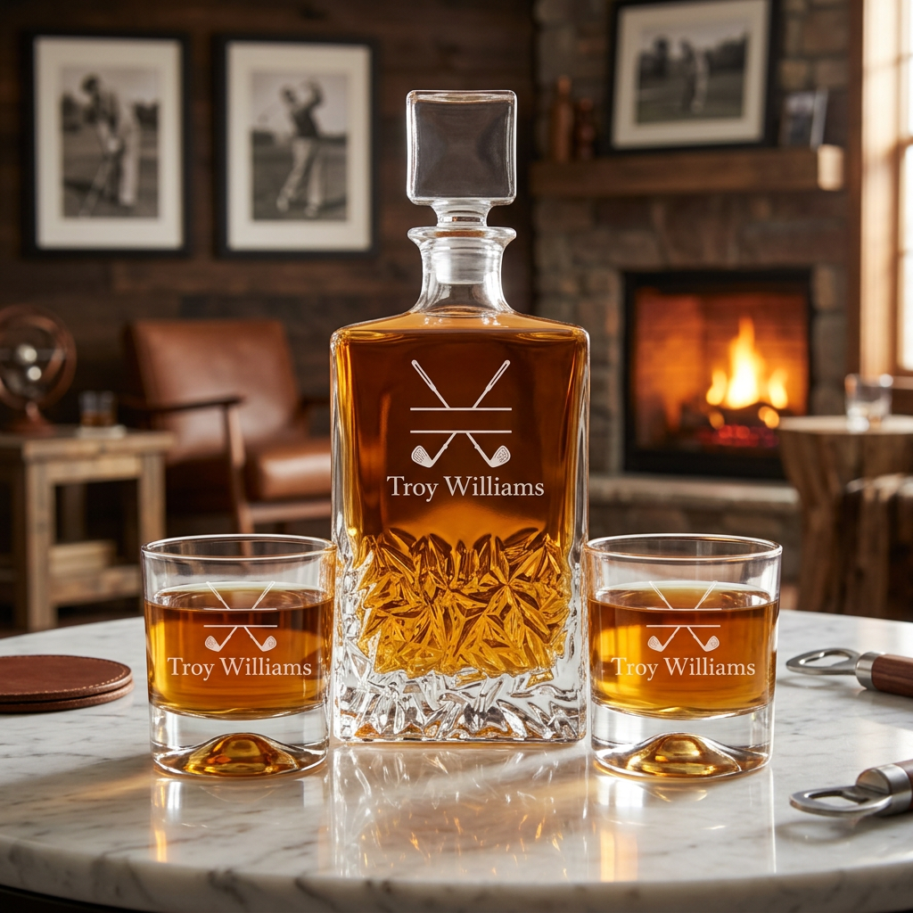 Custom Engraved Golf Clubs Split Design - Personalized Excalibur Decanter Set with Whiskey Glasses