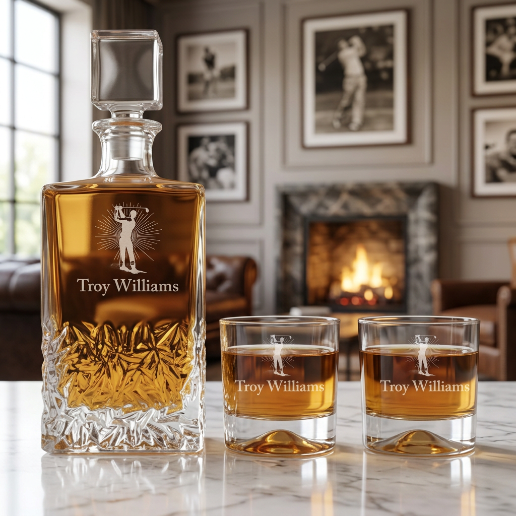 Custom Engraved Golfer Magic Shot - Personalized Excalibur Decanter Set with Whiskey Glasses