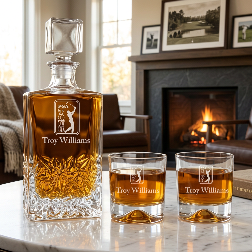 Custom Engraved PGA TOUR Design - Personalized Excalibur Decanter Set with Whiskey Glasses