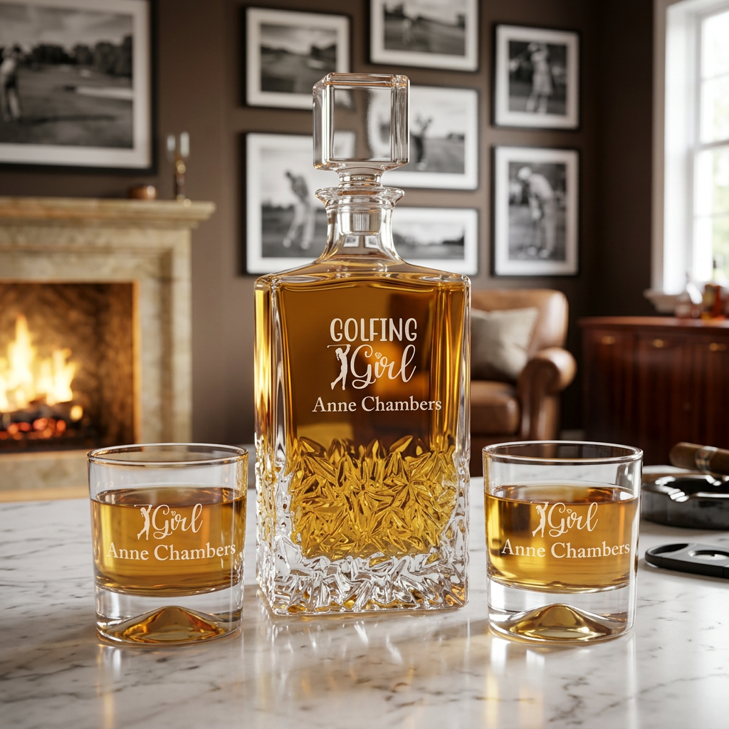 Custom Engraved Golfing Girl Design - Personalized Excalibur Decanter Set with Whiskey Glasses