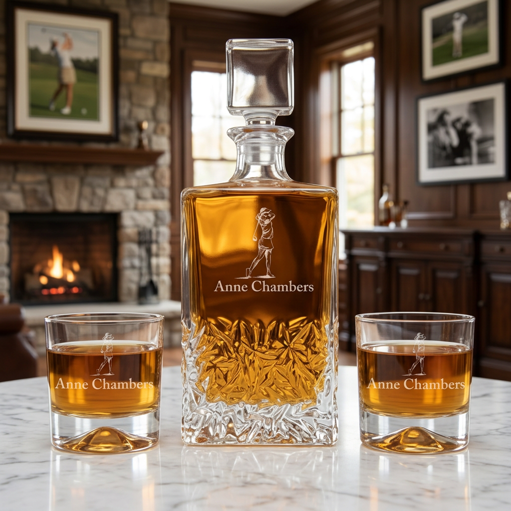 Custom Engraved Lady Golfer Swinging - Personalized Excalibur Decanter Set with Whiskey Glasses