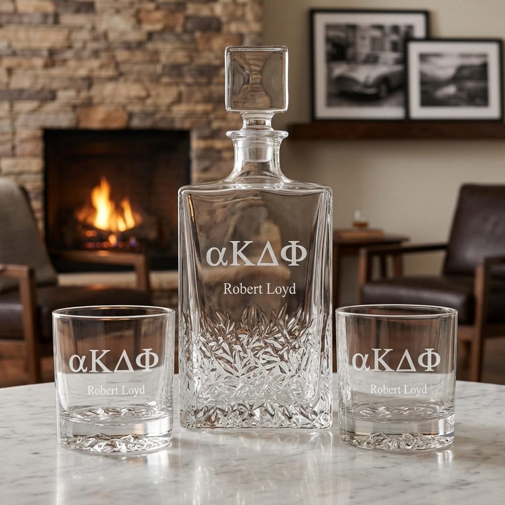 Custom Engraved Alpha Kappa Delta Phi - Personalized Excalibur Decanter Set with Whiskey Glasses
