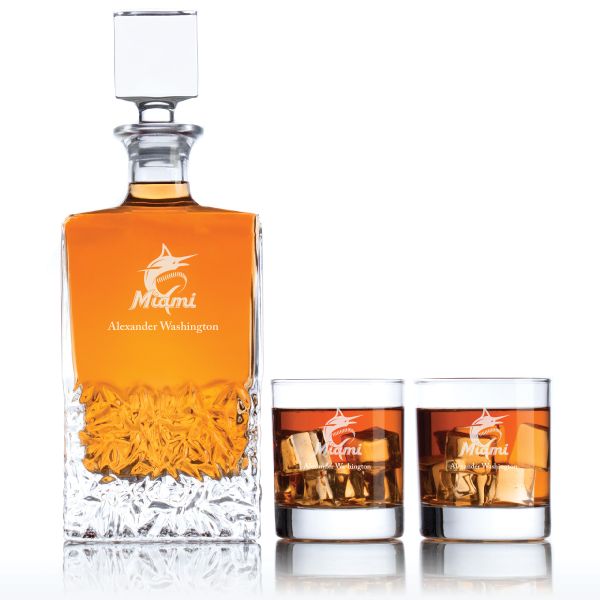 Engraved Marlins Team Logo - Major League Baseball - Personalized Excalibur Decanter Set - Baseball Fanatic Gift Ideas