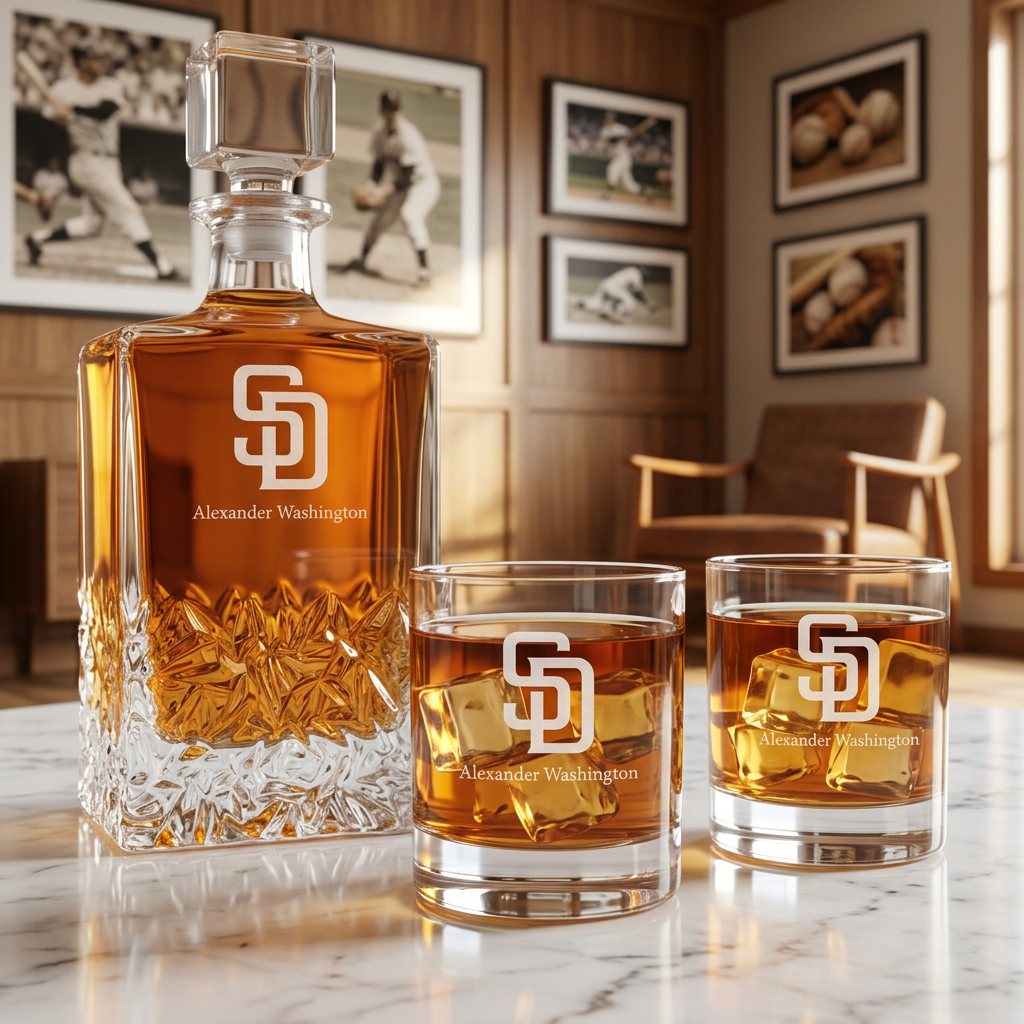 Engraved San Diego Padres Logo - Major League Baseball - Personalized Excalibur Decanter Set - Baseball Fanatic Gift Ideas