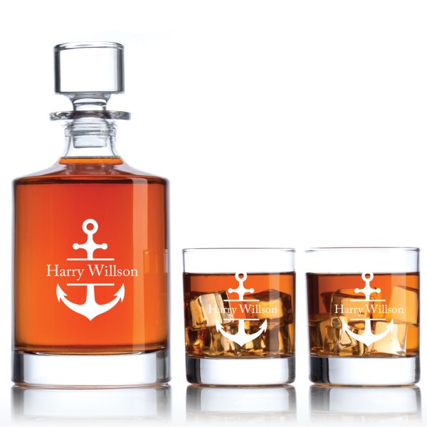 Engraved Anchor - Personalized Bellagio Decanter Set with Old Fashion Whiskey Glasses