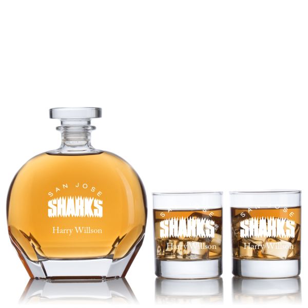 Engraved San Jose Sharks - Personalized Puccini Decanter Set with Old Fashioned Whiskey Glasses