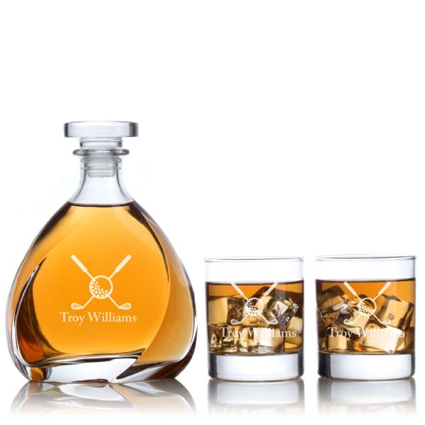 Custom Engraved Golf Cross Bones - Personalized Madison Decanter Set with Whiskey Glasses