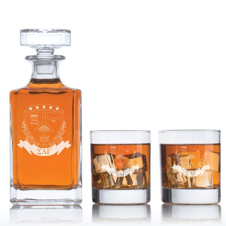 Custom Engraved Sigma Lambda Gamma - Personalized Classic Decanter Set with Whiskey Glasses - Coat of Arms