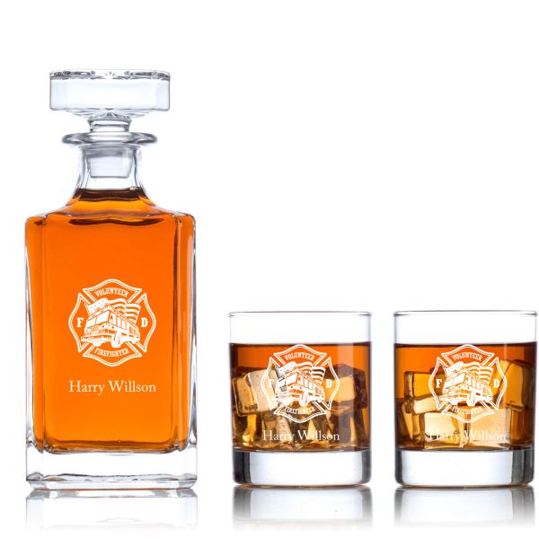 Engraved Volunteer Fire Fighter Truck - Personalized Classic Decanter Set with Old Fashion Whiskey Glasses 3pcs