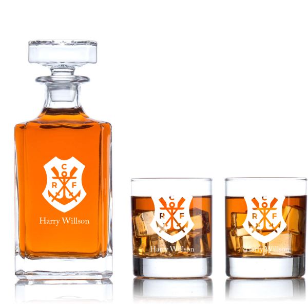 Engraved Clube de Regatas do Flamengo Water Sports Crest - Personalized Classic Decanter Set with Old Fashioned Whiskey Glasses 3pcs