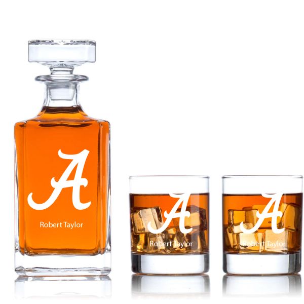 Engraved Alabama Crimson Tide - Personalized Classic Decanter Set with Old Fashioned Whiskey Glasses