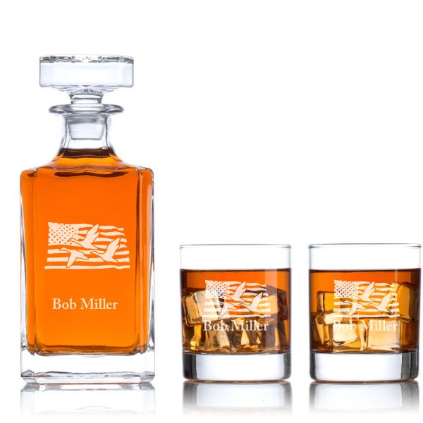 Engraved Goose with USA Flag - Personalized Classic Decanter Set with Whiskey Glasses