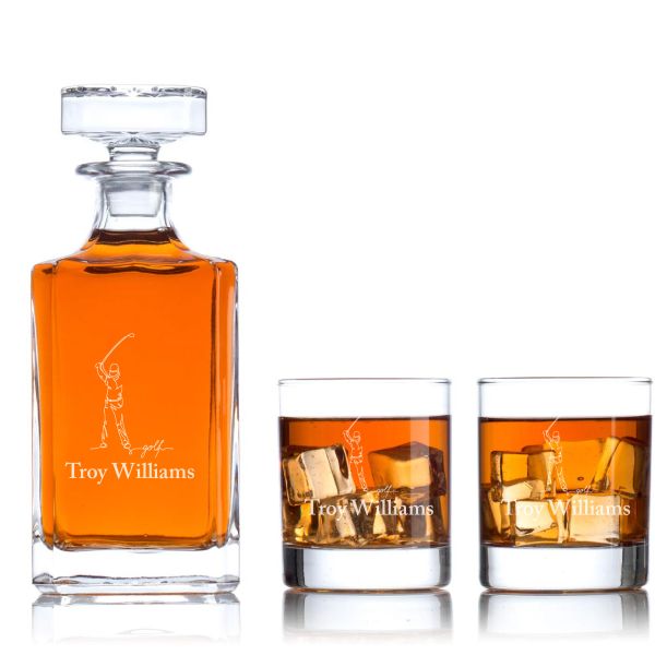 Custom Engraved Golfer Swing Line Drawing - Personalized Classic Decanter Set with Whiskey Glasses