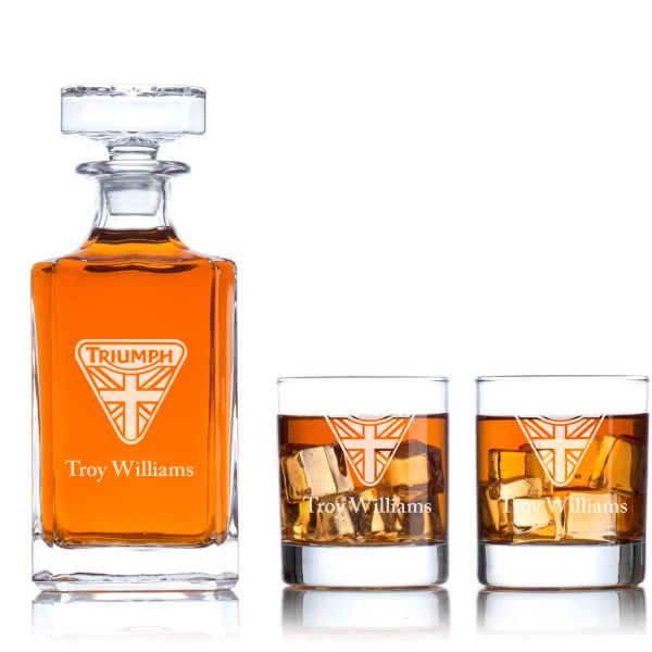 Custom Engraved Triumph Flag Logo - Personalized Classic Decanter Set with Whiskey Glasses