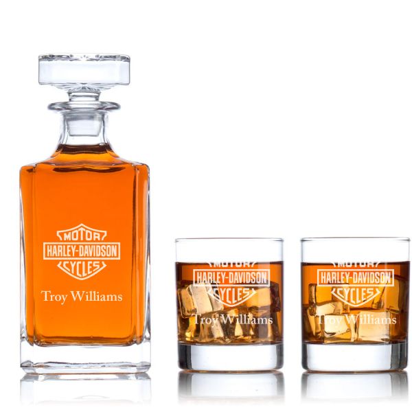 Custom Engraved Motor Harley Davidson Cycles Logo- Personalized Classic Decanter Set with Whiskey Glasses