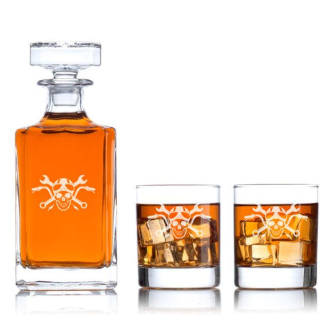 Custom Engraved Motorcycle Club Cross Bones - Personalized Classic Decanter Set with Whiskey Glasses