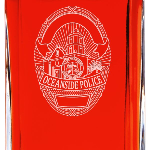 Custom Engraved Police Badges  - Personalized Whiskey Decanter Set In Wood Gift Box - Oceanside CA Police Badge