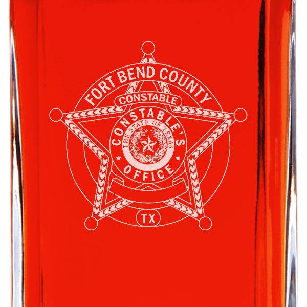 Custom Engraved Police Badges  - Personalized Whiskey Decanter Set In Wood Gift Box - Fort Bend TX Constable's Office Badge