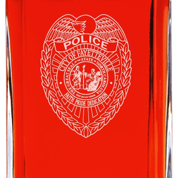 Custom Engraved Police Badges  - Personalized Whiskey Decanter Set In Wood Gift Box - Fayetteville NC Police Badge