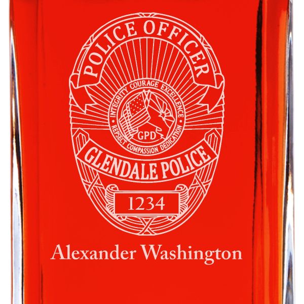 Custom Engraved Police Badges  - Personalized Whiskey Decanter Set In Wood Gift Box - Glendale CA Police Badge