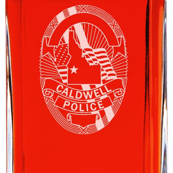 Custom Engraved Police Badges  - Personalized Whiskey Decanter Set In Wood Gift Box - Caldwell ID Police Badge