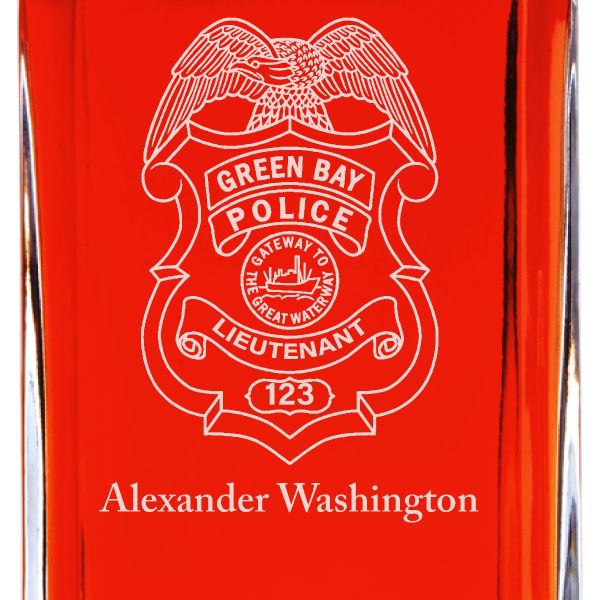 Custom Engraved Police Badges  - Personalized Whiskey Decanter Set In Wood Gift Box - Green Bay WI Police Badge