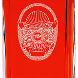 Custom Engraved Police Badges  - Personalized Whiskey Decanter Set In Wood Gift Box - Monrovia CA Police Badge