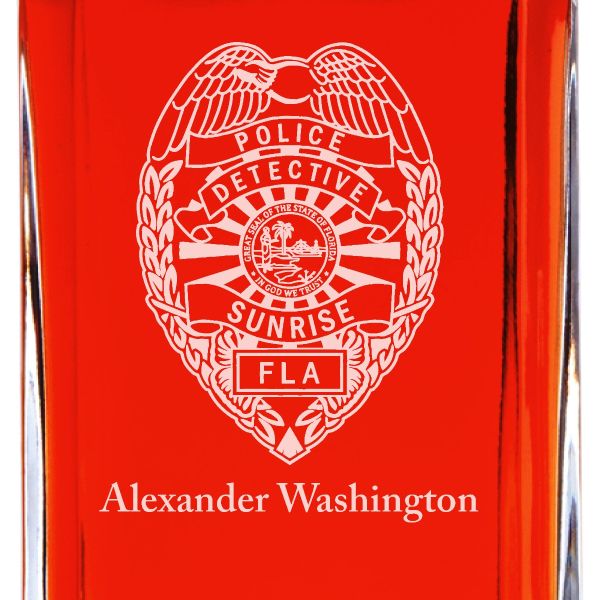 Custom Engraved Police Badges  - Personalized Whiskey Decanter Set In Wood Gift Box - Sunrise FL Detective Police Badge