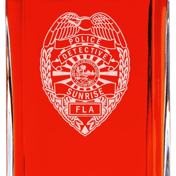 Custom Engraved Police Badges  - Personalized Whiskey Decanter Set In Wood Gift Box - Sunrise FL Detective Police Badge