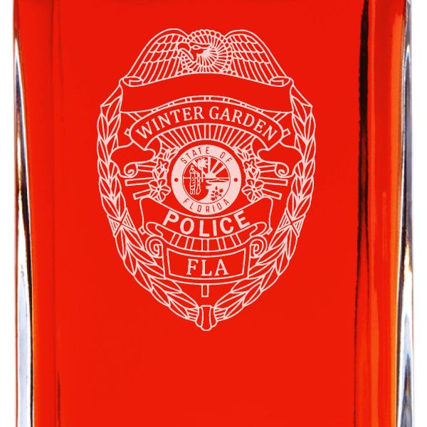 Custom Engraved Police Badges  - Personalized Whiskey Decanter Set In Wood Gift Box - Winter Garden FL Police Badge