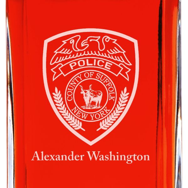 Custom Engraved Police Badges  - Personalized Whiskey Decanter Set In Wood Gift Box - County of Suffolk NY Police Patch