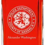 Custom Engraved Police Badges  - Personalized Whiskey Decanter Set In Wood Gift Box - Police Dept County of Nassau NY Patch