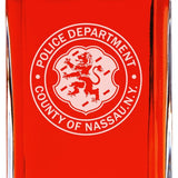 Custom Engraved Police Badges  - Personalized Whiskey Decanter Set In Wood Gift Box - Police Dept County of Nassau NY Patch