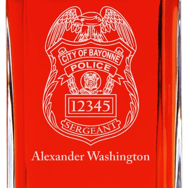 Custom Engraved Police Badges  - Personalized Whiskey Decanter Set In Wood Gift Box - City of Bayonne NJ Police Badge