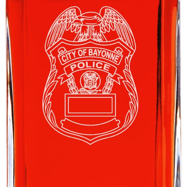 Custom Engraved Police Badges  - Personalized Whiskey Decanter Set In Wood Gift Box - City of Bayonne NJ Police Badge