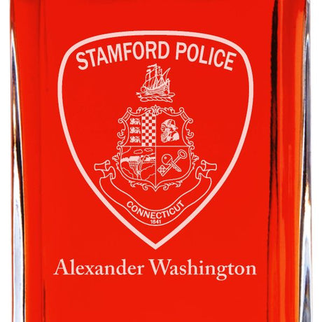 Custom Engraved - Police Badges - Personalized Whiskey Decanter In Wood Gift Box - Stamford CT Police Patch