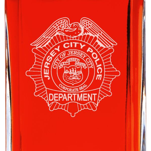 Custom Engraved Police Badges  - Personalized Whiskey Decanter Set In Wood Gift Box - Jersey City Police Badge