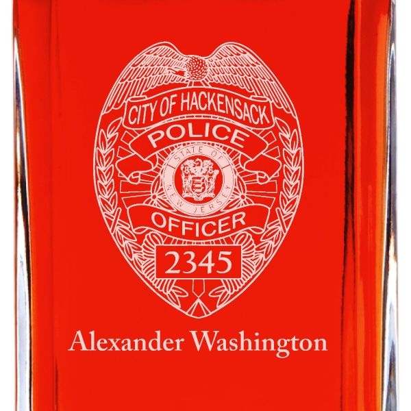 Custom Engraved Police Badges  - Personalized Whiskey Decanter Set In Wood Gift Box - Hackensack NJ Police Badge
