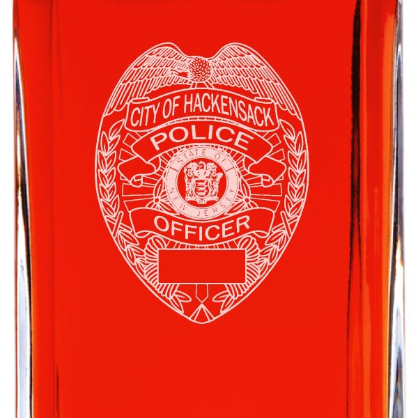 Custom Engraved Police Badges  - Personalized Whiskey Decanter Set In Wood Gift Box - Hackensack NJ Police Badge