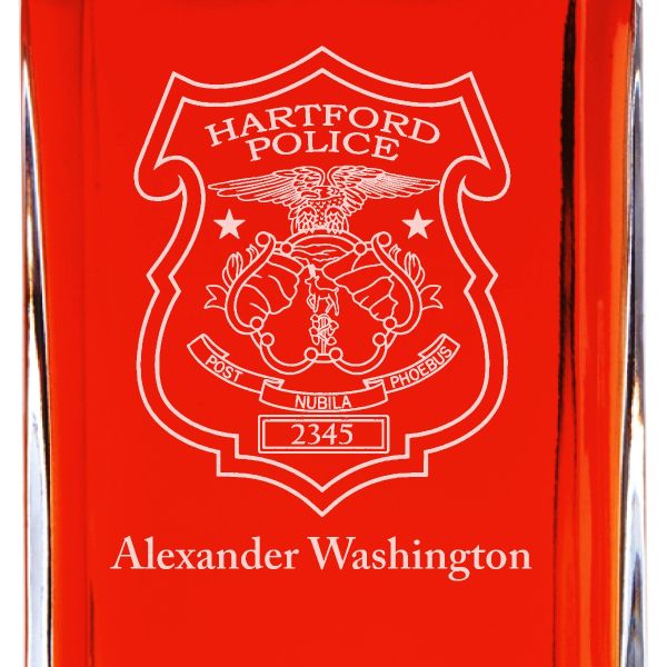 Custom Engraved Police Badges  - Personalized Whiskey Decanter Set In Wood Gift Box - Hartford CT Police Badge