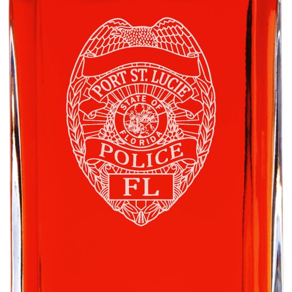 Custom Engraved Police Badges  - Personalized Whiskey Decanter Set In Wood Gift Box - Port St. Lucie Police Badge